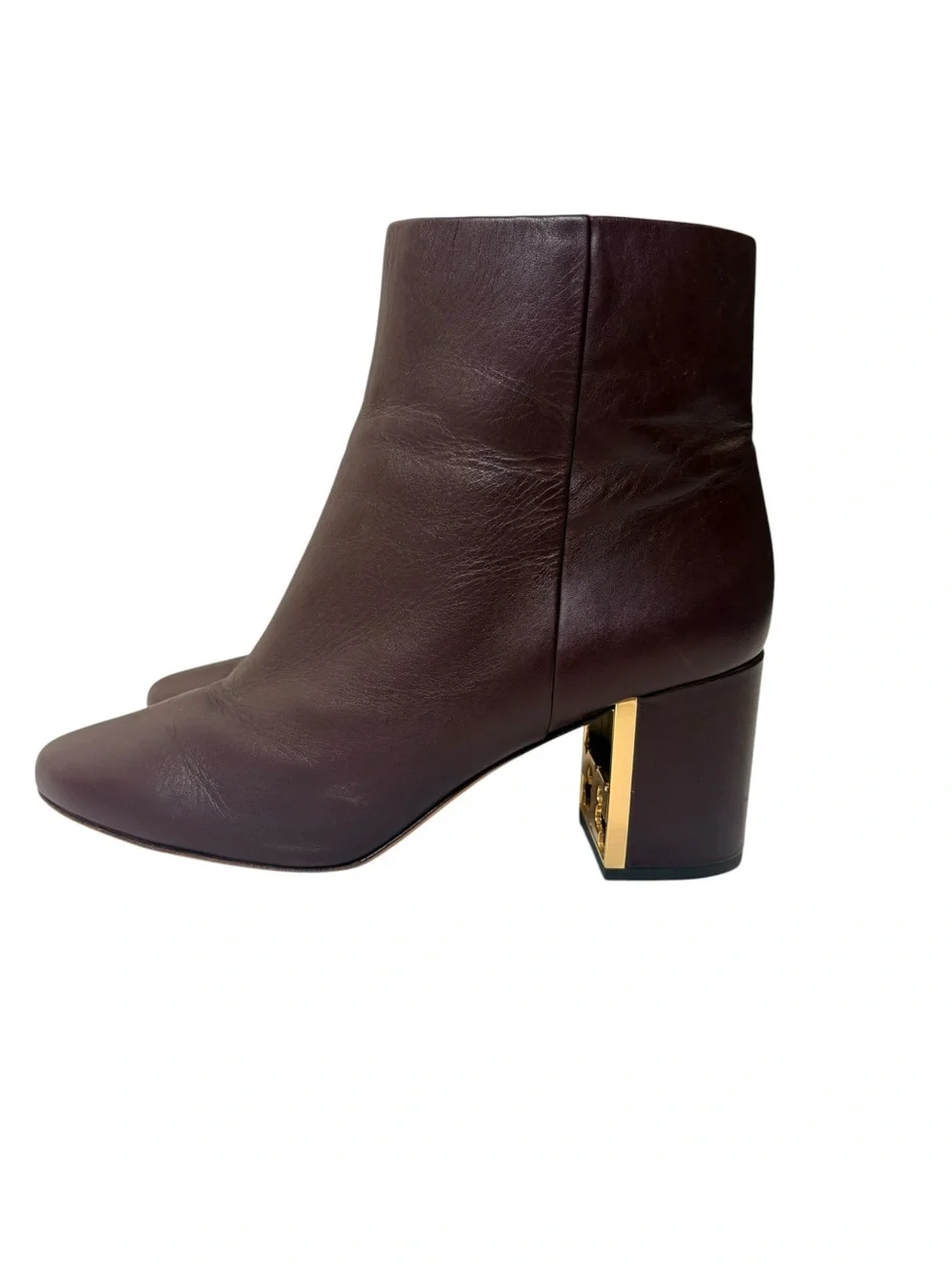 Tory Burch Burgundy Leather Block Heel Ankle Booties Gold Logo Heel Size 10.5M